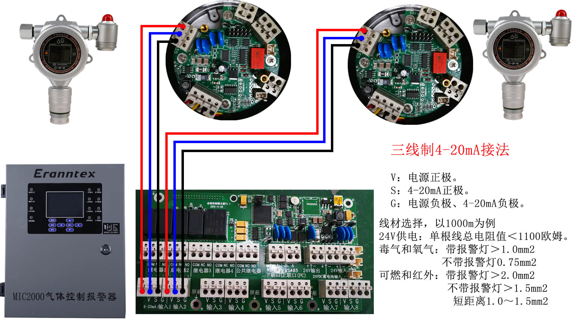 逸云天固定式氣體檢測儀三線制4-20mA接線示意圖